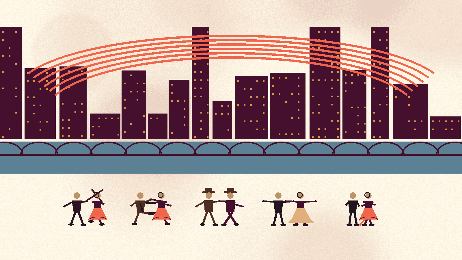 Stylized Grand Rapids skyline at dusk with dancer silhouettes in the foreground
