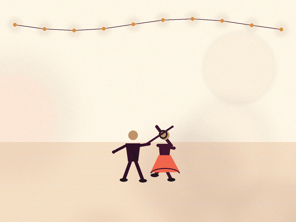 Coral-lit salsa social with couples dancing in close embrace