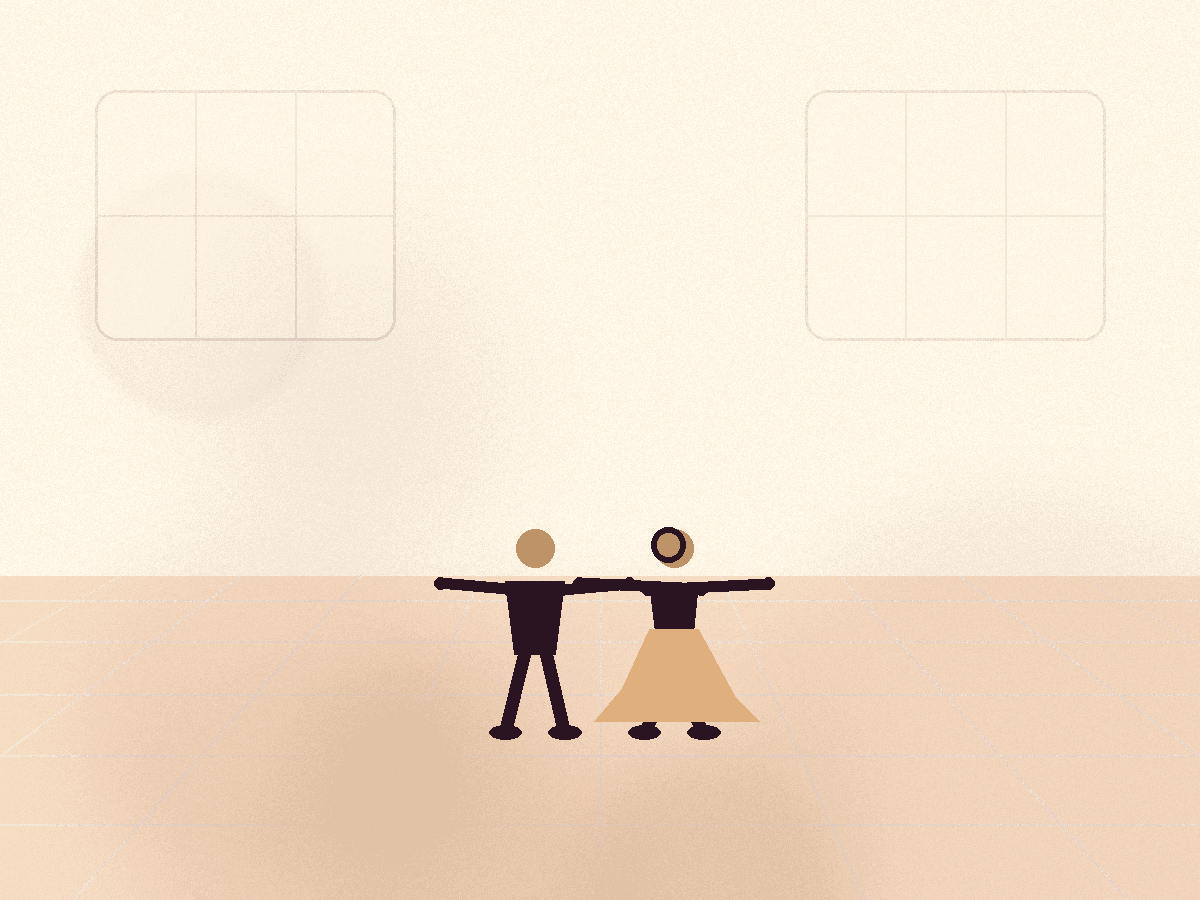 Couple in classic ballroom frame on a polished studio floor
