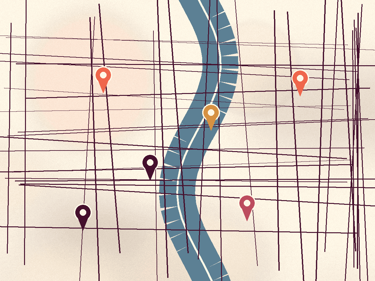 Stylized map of Grand Rapids with pins marking dance venues across the city